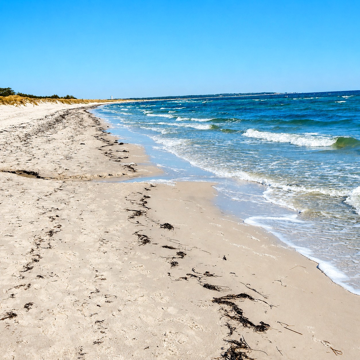 Vit sandstrand med klart blått hav